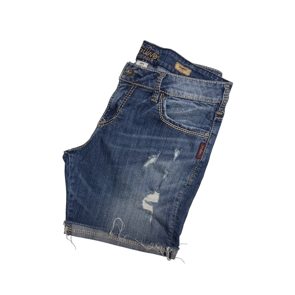 Silver Jeans Sammy Shorts W30 Distressed Raw Hem Denim Shorts Stretch Blue